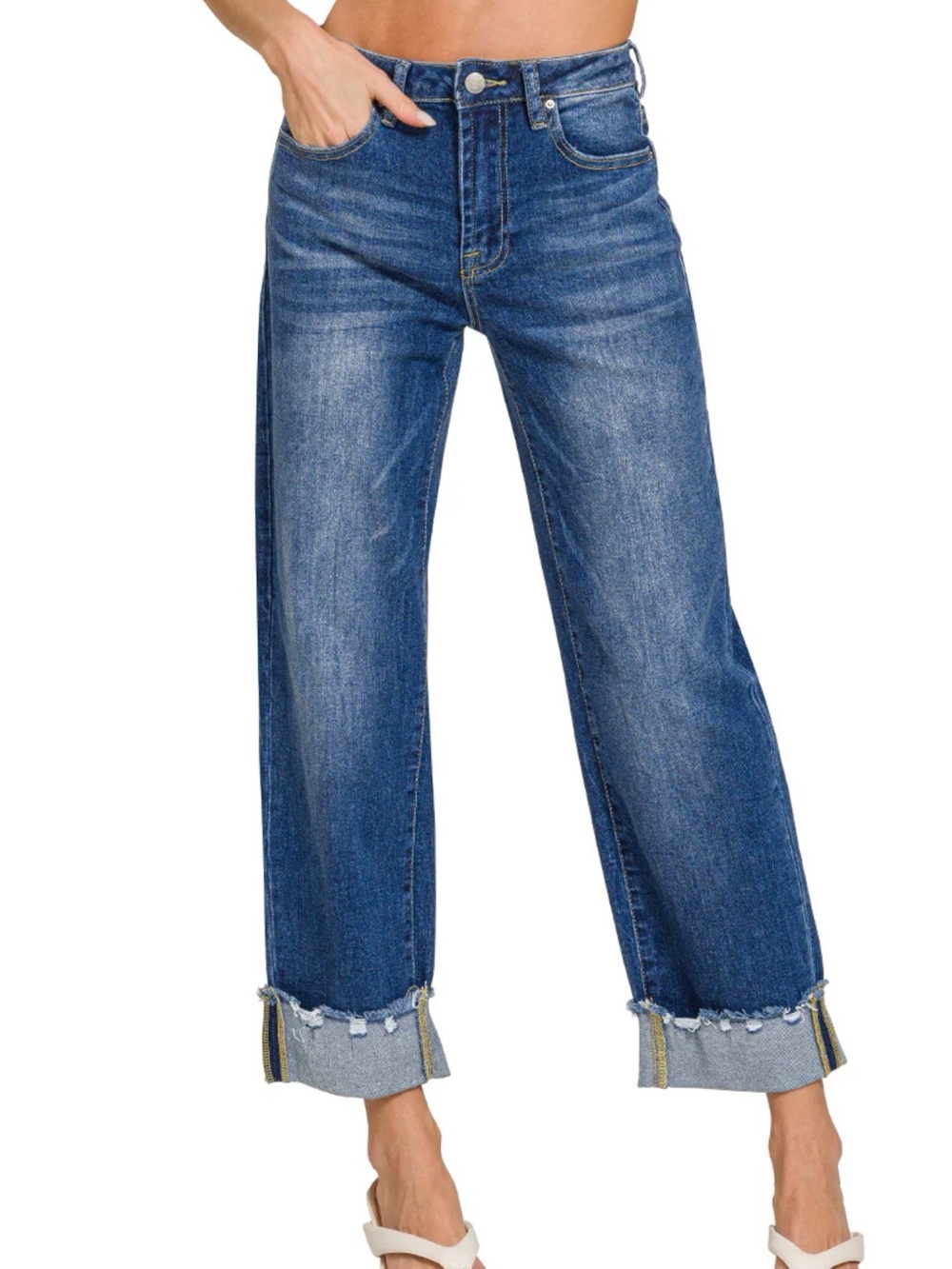 Zenana Medium Wash Straight Leg Jeans with Cuffed Hem
